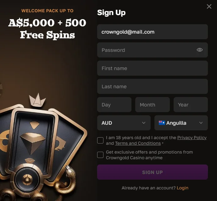 CrownGold Casino Sign Up Window